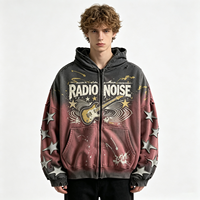 Hoodie Zipper Heavyweight Distressed Dirty Spray Streetwear dengan Cetakan Bintang Gitar Radio Noise, Pesanan Grosir B2B Siap Kirim