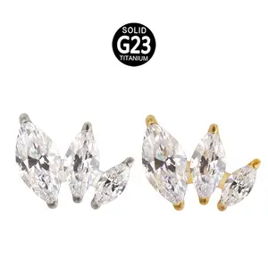 G23 Titanium Sliver Gold 3 Marquise CZ Internal thread Helix Labret Flat Forward Helix Earring Body Piercing Jewelry