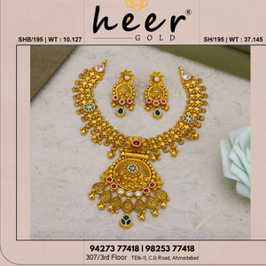 Intricate temple design red and green <b>stones</b> elegant bridal jewelry handcrafted festive wear traditional gold necklace set - Product Image 2