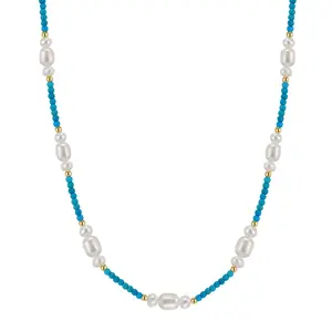 RINNTIN MPN03 kalung Choker mutiara air tawar batu biru Turquoise untuk wanita pesona perhiasan berlapis emas 14K rantai perak S925