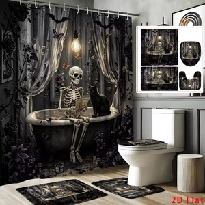 Rideau de Douche en Polyester Imprimé Numérique Motif Chauve-souris, Crâne et Citrouille d'Halloween, Imperméable, Impression Personnalisée, Vente en Gros, Moderne - Product Image 6