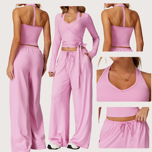 3 Piece Yoga Set Women One Piece <strong>Wrap</strong> Long Sleeve Tank Wide Leg <strong>Pants</strong> Quick Dry Activewear Fitness Outfit - Product Image 1