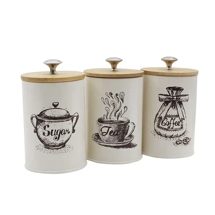 Ensemble de 3 boîtes de cuisine en acier en métal, pot de stockage de café, sucre et thé avec couvercles en bambou
