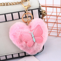 Nouveaux porte-clés en forme de cœur et de papillon, porte-clés en fausse fourrure de lapin Rex pour femmes, porte-clés pour sac de fille, porte-clés pour voiture, pendentif