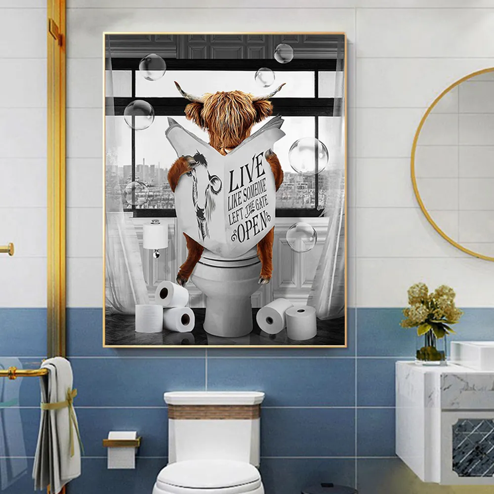 Funny Highland Cow In The Toilet Print Posters Bathtub Bathroom Farm Pictures Toilet Paper animal canvas painting wall art