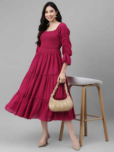 Women's Woven Rayon A-Line Midi <b>Dress</b> High Waist <b>Ruffle</b> Sleeve Party Festive Fancy Casual Stylish One Piece <b>Dress</b> - Product Image 1