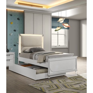 Lit double contemporain blanc nacré avec lit gigogne, 2 tables de chevet et panneaux embossés – Mobilier de chambre - Product Image 2