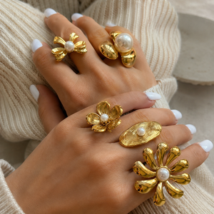 Gold Plated Stainless Steel Jewelry Sunflower Sticky Pearls Open End <b>Ring</b> Hundred <b>Titanium</b> Steel <b>Ring</b> for Engagement Party Gift - Product Image 1