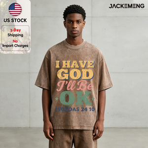 T-shirt Oversize Rosa Lavato con Scritta 'I HAVE GOD I'LL BE OK', Stile Streetwear Retrò, Maglietta Hip Hop a Maniche Corte, Disponibile all'Ingrosso dal Magazzino Locale USA - Product Image 1