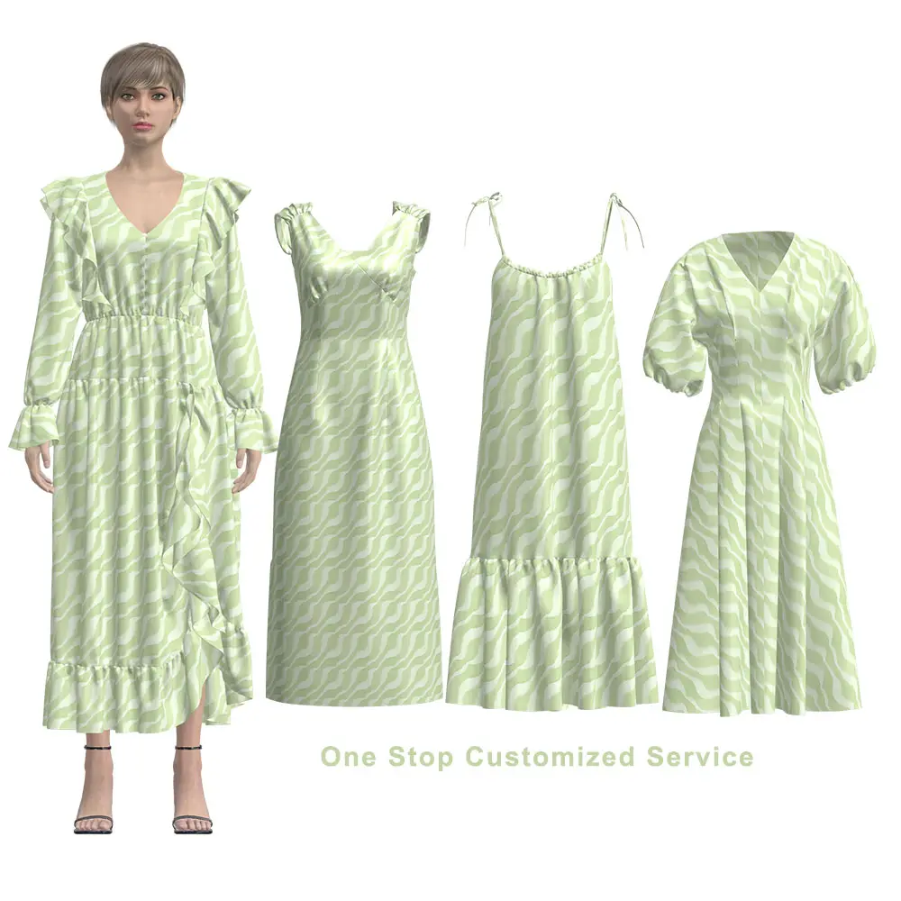 שירות עיצוב מותאם אישית חד פעמי ODM OEM רקמה רחיץ טבעי מקרית אלגנטית מסיבה ארוכה שמלות ירוקות פרחוניות