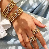 Ensemble de Bracelet et Bague en Laiton Bicolore Style Bambou Plaqué Or 18K avec Micro-Pavé de Zirconium – Cadeau de Mariage et Fiançailles de Luxe – Vente en Gros