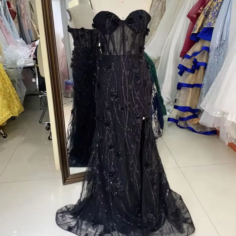 Nuevo brillo 3D floral cariño sirena negro elegante al por mayor vestidos largos Niña vestido de noche graduación 2025 usado