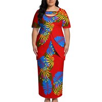 Ensemble 2 pièces Plus Lady Puletasi, imprimé tribal polynésien Plumeria noir et bleu, haut à manches courtes et jupe longue maxi, tenue insulaire personnalisée