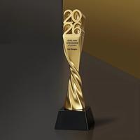 Trophée en résine dorée torsadée HBL 2026 avec logo gravé pour la cérémonie annuelle des salons de beauté - Fournisseur en gros
