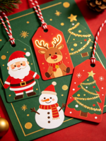 Étiquettes de Noël multi-formes, étiquettes cadeaux en papier rouge et vert avec Père Noël et bonhomme de neige pour emballages de fêtes