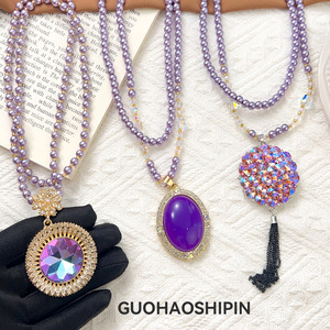 Purple Beaded Necklace With Crystal Pendant Flower Shape Party Jewelry For Women Elegant Long Chain Fashion Accessory - Product Image 1