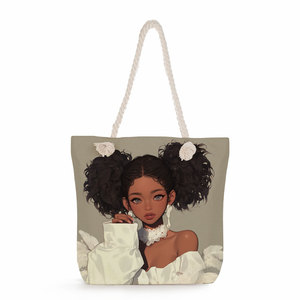 Dikke Canvas Milieuvriendelijke Handheld Boodschappentas Mode Cartoon Print Cool Zwart Meisje Grote Capaciteit Dikke Touw Schoudertas - Product Image 4
