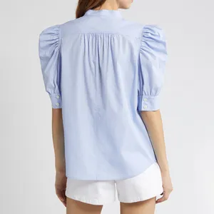 Blusa feminina casual de verão com alças curtas personalizadas de algodão com listras e botões para mulheres