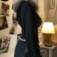 Damen Gothic Chic Streetwear Jacken Herbst Winter Goth Dunkler Kunst pelz kragen Lässig Schlanke Taille Reiß verschluss Kapuzen mäntel Kurze Länge