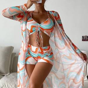 2025 Women's High-Waisted <b>Bikini</b> Swim Trunk 3-Piece <b>Set</b> Front Logo Cheap <b>Sexy</b> Classic Printing Beachwear OEM Service - Product Image 1
