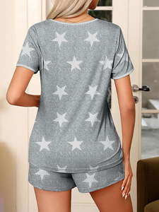 Conjunto de Pijama Feminino 2 Peças: Camiseta de Manga Curta com Gola Redonda e Shorts, Roupa de Dormir Macia com Bolso no Peito - Product Image 5