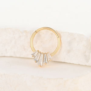 14 קראט זהב מוצק קטע מהדק עיצוב קלאסי פרונג הגדרה trapezoidal 5a זירקון האף יד טבעת הגוף פירסינג תכשיטים - Product Image 3