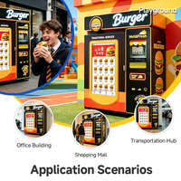 Distributeur automatique de hamburgers instantanés, sans attente, avec écran tactile, fonctionnement 24h/24 et 7j/7, et système de change de monnaie.
