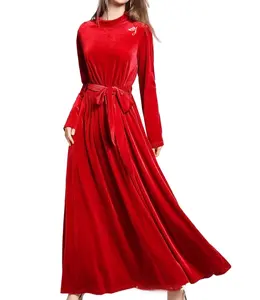 SMO Winter Maxi Dress Pull-over Velvet Fabric Dress Belted Red Dress Formal
