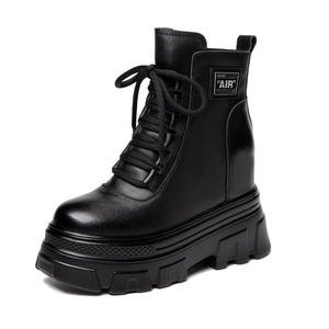 Cuero genuino para botas <span class=keywords><strong>Mujer</strong></span> Otoño Invierno Nueva plataforma de aumento de altura pequeña Tacón de cuña Cremallera Suelas gruesas Super - Product Image 5