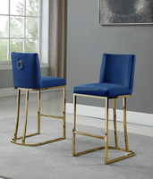 Chaise de tabouret de bar à dossier bas en velours bleu marine en acier inoxydable doré avec base et anneau de dos chromés pour café de cuisine