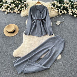 休闲2件套女式束腰绷带上衣高腰修身针织套装Ropa批发 - Product Image 4