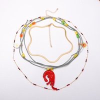 Collier Multicouche Femme Tendance OEM/ODM, Design Vintage Crevette Rouge Empilée, Perles Colorées, Tournesol