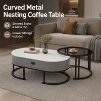 Ensemble de tables basses gigognes de salon de qualité commerciale, modernes, en bois, avec cadre ovale en arc, double plateau en pierre frittée et verre trempé