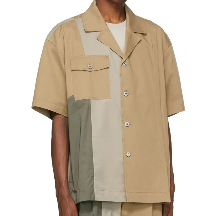2021 moda kısa kollu casual gömlek erkek renk bloğu boy fit erkek düğme ups gömlek