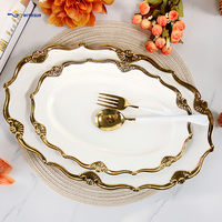 Service de table en céramique plaqué or de luxe, haute qualité, assiettes et bols en porcelaine premium, réutilisables, compatibles micro-ondes