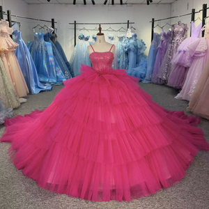 ชุดเดรสชีฟองสีชมพูฟูเชียสุดหรู Dy1175 สำหรับงาน Quinceanera ประดับเลื่อมระยิบระยับที่ตัวเสื้อ สายเดี่ยวบางเบา แต่งระบายเป็นชั้นๆ ทรงบอลกาวน์ สำหรับงานฉลองอายุ 15 ปี หรืองานพรอม - Product Image 5