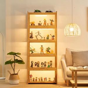 Vitrine en bambou massif à 5 niveaux avec portes en verre pour figurines, objets de collection, poupées, rangement de jouets et décoration intérieure - Product Image 4
