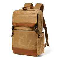Sac à dos en toile cirée résistant à l'eau avec garniture en cuir véritable, compartiment pour ordinateur portable, sac de voyage vintage utilitaire