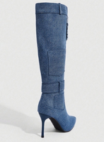 Bottes hautes en jean bleu pour femme, personnalisables, à bout pointu, talon aiguille, bord effiloché, bride de cheville, fermeture éclair latérale