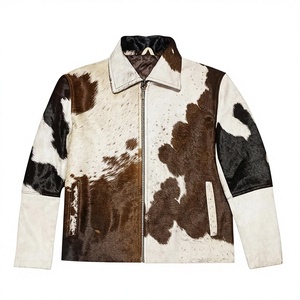 Blouson aviateur en cuir de vachette véritable pour homme, imprimé animal, col rabattu, fermeture éclair, style décontracté, vêtement d'automne - Product Image 1