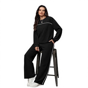 Women's Black Long Sleeve <b>Sweater</b> <b>Set</b> Crew Neck Knitted Full Length Solid Color Side Stripe Casual Lounge Wear - Product Image 5