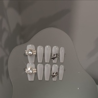 Uñas Postizas Hechas a Mano de Lujo con Lazo 3D, Efecto Ojo de Gato Mauve, Reutilizables, Largas, Forma Ataúd, con Puntas Adhesivas