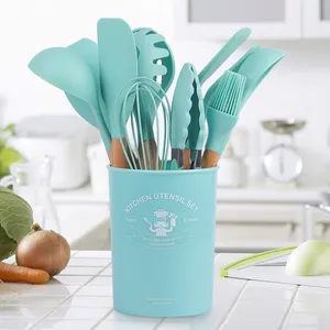 12-Piece Silicone Utensílios De Cozinha Com Alças De Madeira Essencial Cozinhar Ferramentas e Utensílios De Cozinha Conjunto Para Cocina