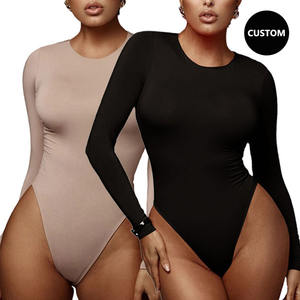 Traje de cuerpo completo de una pieza para mujer, bodys básicos de manga larga acanalados con Logo personalizado, sin costuras, color blanco y negro, novedad de 2023 - Product Image 2