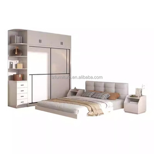 Ensemble de meubles de chambre pour studio économique : Lit flottant en bois avec armoire coulissante, table de nuit et coiffeuse - Product Image 2