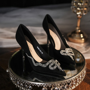 9888H-137 <b>Black</b> <b>Suede</b> <b>Pumps</b> Pointed Toe Stiletto Heel Rhinestone Decoration D'Orsay Shoes Super High 8cm Up Fashion Trend - Product Image 1