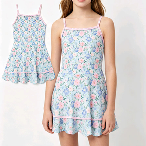 Robe d'été personnalisée pour filles, motif floral décontracté, avec nœuds, en coton et élasthanne, style princesse mignon, vente en gros pour boutiques, vêtements pour sœurs - Product Image 1