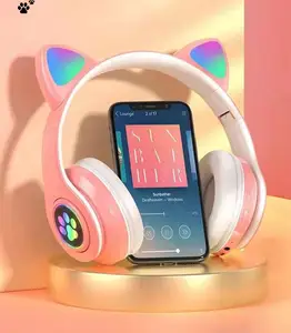 Mädchen rosa Katze Ohr drahtlose Kopfhörer mit Mikrofon Helm Stereo Noise Cancel ling Kopfhörer LED-Beleuchtung Faltbare Earsphone-STN-28