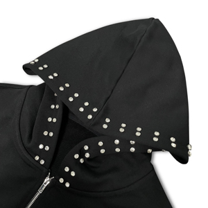 Sudadera con capucha negra extragrande de alta calidad ODM OEM para hombre, con cremallera, logotipo personalizado, adornada con perlas y piedras, ropa urbana gráfica. - Product Image 3