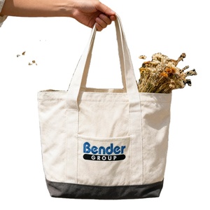 Custom Print Pocket and Zipper Cotton <b>Large</b> Shopping White <b>Canvas</b> Tote <b>Bag</b> with Embroidered Logo - Product Image 1